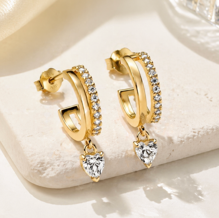 Gold Double Hoops with Heart Earrings