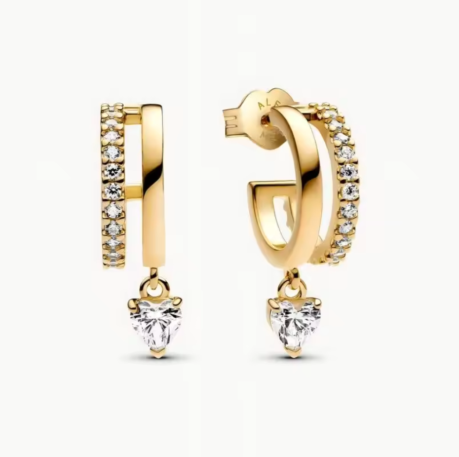 Gold Double Hoops with Heart Earrings