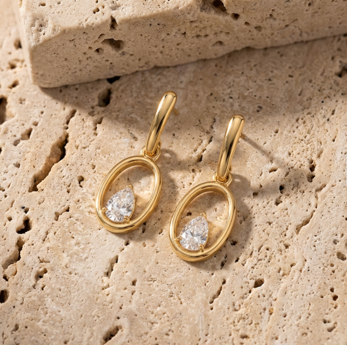 Gold Oval Drop Pear-Cut Earrings