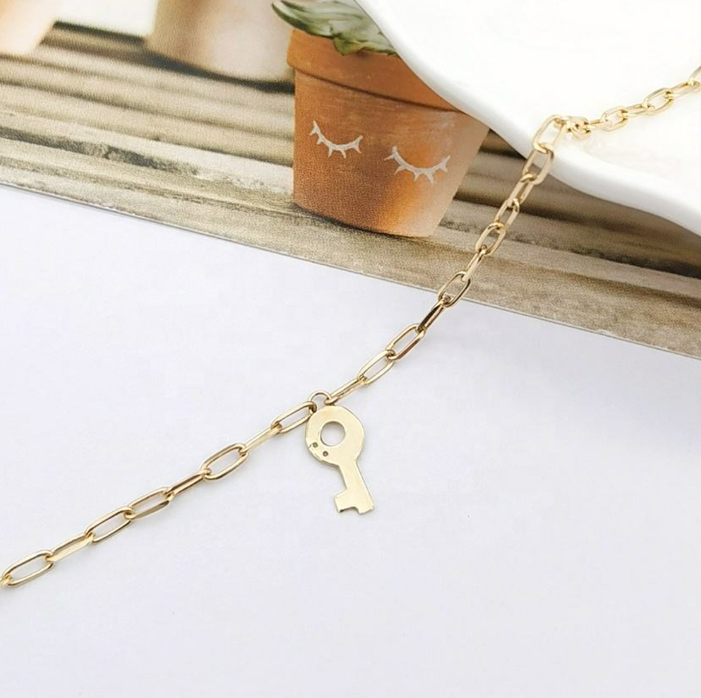 Gold Paperclip Link Key Charm Bracelet