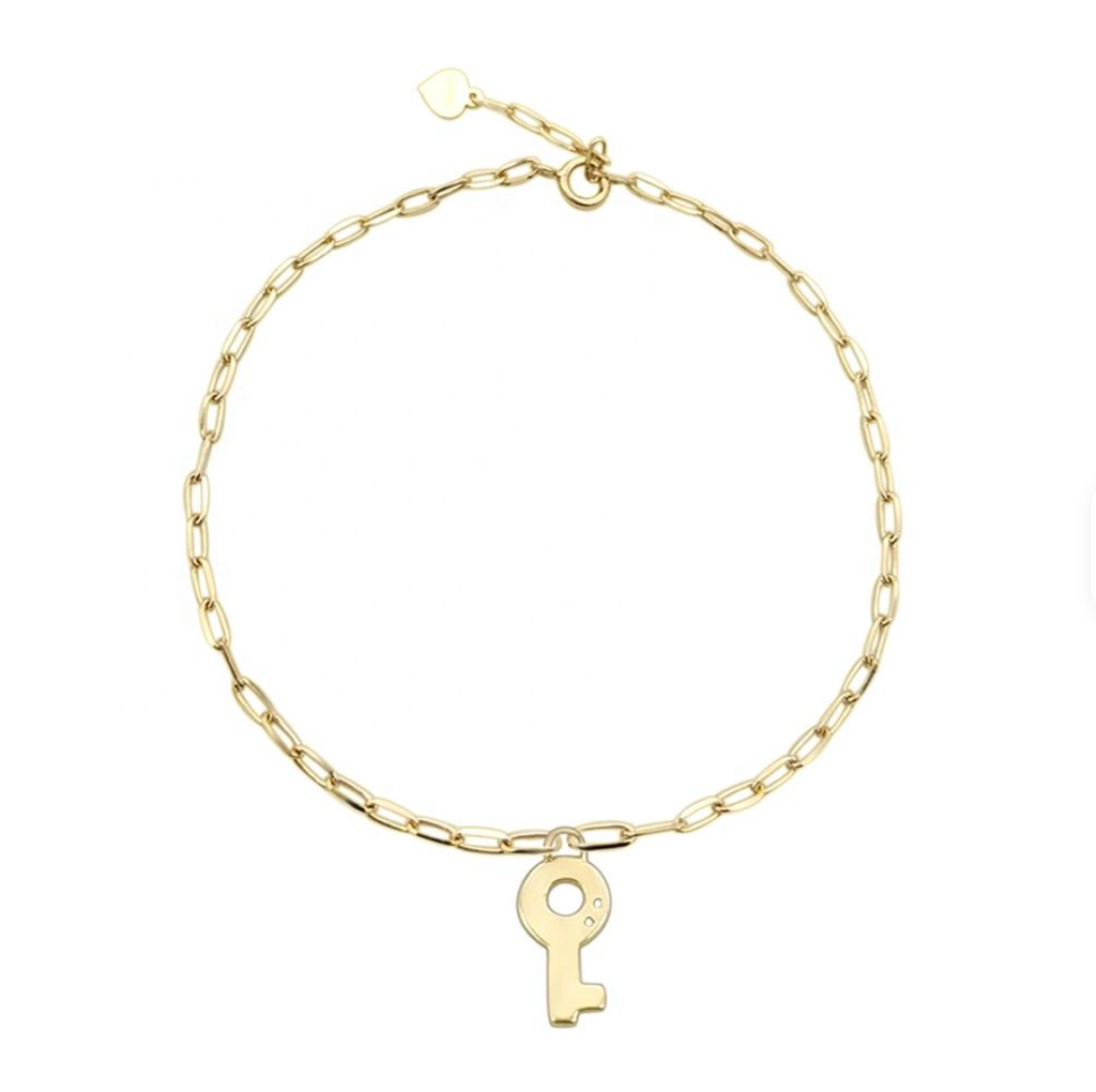 Gold Paperclip Link Key Charm Bracelet