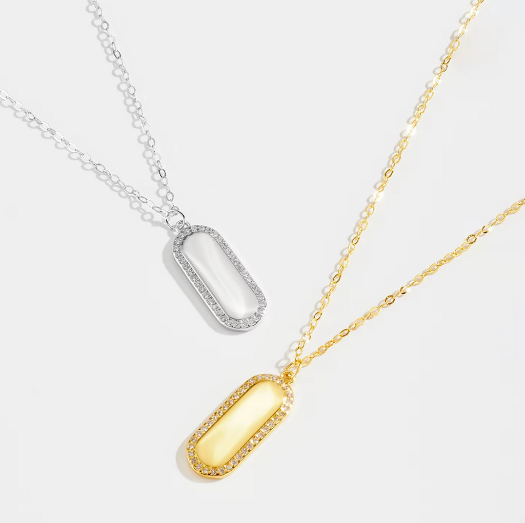 Pavé Halo Oval Tag Pendant Necklace