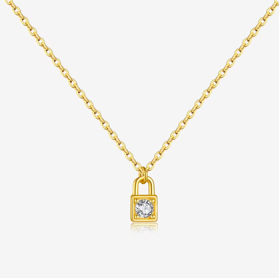 Gold Crystal Padlock Pendant Necklace