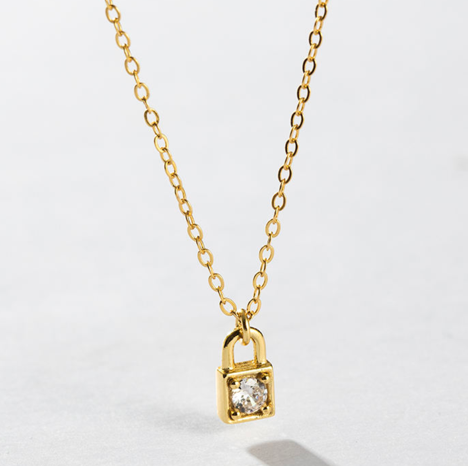 Gold Crystal Padlock Pendant Necklace